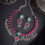 Oxidised Pink stone with green and white combination Ethnic Necklace Set
