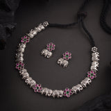 Oxidised Pink Stone Elephant Motive Necklace