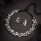 Oxidised Mint Monalisa Stone With Peackock Motive Necklace