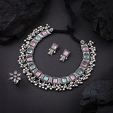 Oxidised Pink Mint Monalisa Stone Necklace with Ring set