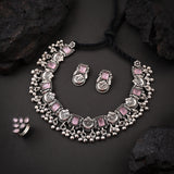 Oxidised Pink Monalisa Stone Necklace With Ring