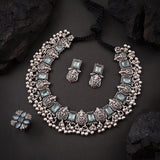 Oxidised Mint Monalisa Stone Necklace With Ring Set