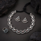 Oxidised Chand Mint stone Necklace With Ring