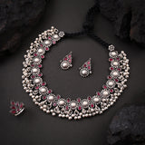 Oxidised Red stone Necklace With Ring Set