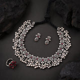 Oxidised Red stone Necklace With Ring Set