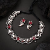 Oxidised Red Stone Mango Motive Necklace Set