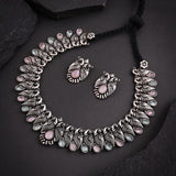 Oxidised Pink Mint Monalisa Stone Necklace set