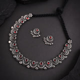 Oxidised Red Stone Chand Shape Motives Necklace