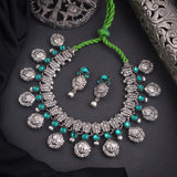 Oxidised Durga Green stone Temple Necklace