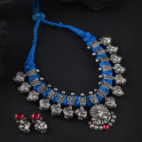 Oxidised Peacock BlueThread Necklace