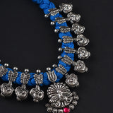 Oxidised Peacock BlueThread Necklace
